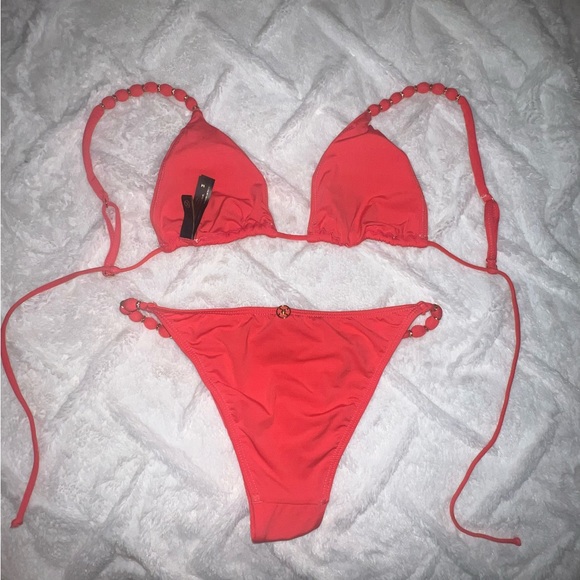 VIX Swimwear Triangle Gold Beaded Bikini Set in Coral | Summer Swim - Picture 10 of 13